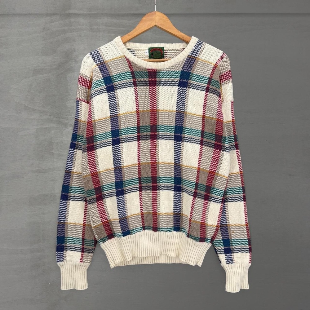Vintage Boston Traders Sweater Cream Plaid Chunky Cotton Knit Crewneck Large